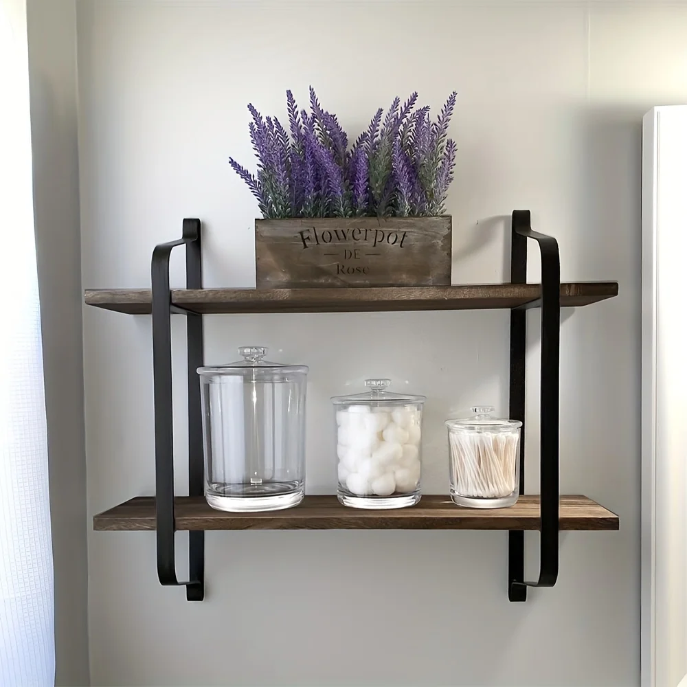 

A Rustic Floating Shelf Unit Designed for Wall Mounting, Featuring Two Layers for Displaying Cookbooks And Plants, Suitable for