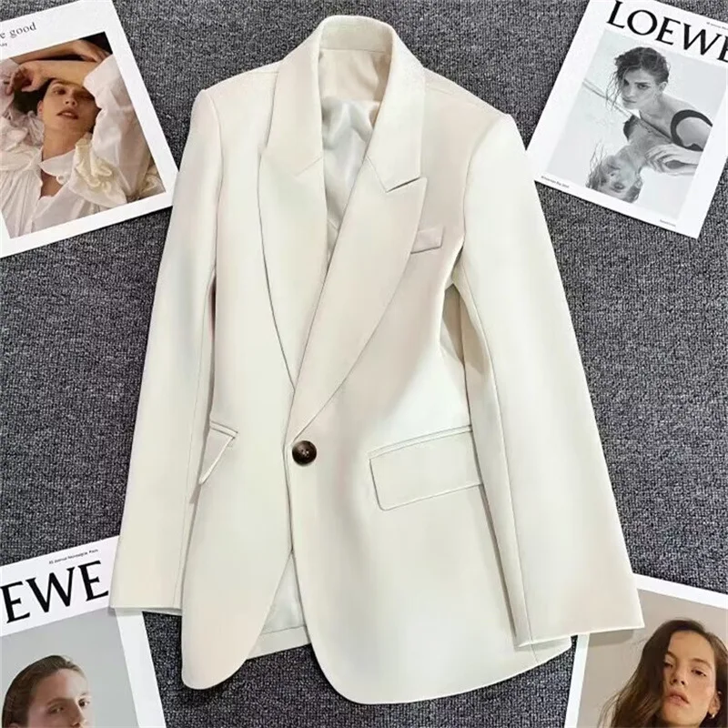 Spring 2023 Women's Fashionable White Versatile Suit Jacket Elegant Lady Style Commute Polyester Long Sleeve Classic Collar