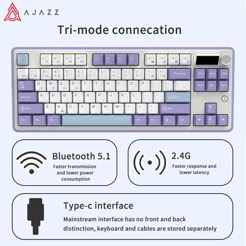 Imagem -06 - Ajazz Ak870 Rgb Teclado Mecânico para Jogos Troca Quente 84 Teclas sem Fio Bluetooth 2.4g Teclados com Fio Tela Tft Desktop Laptop pc