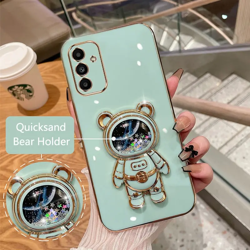 Phone Case For Samsung Galaxy M23 5G F23 23 Soft Silicone Luxury Plating Cartoon Bear Fold Stand Phone Case Cover