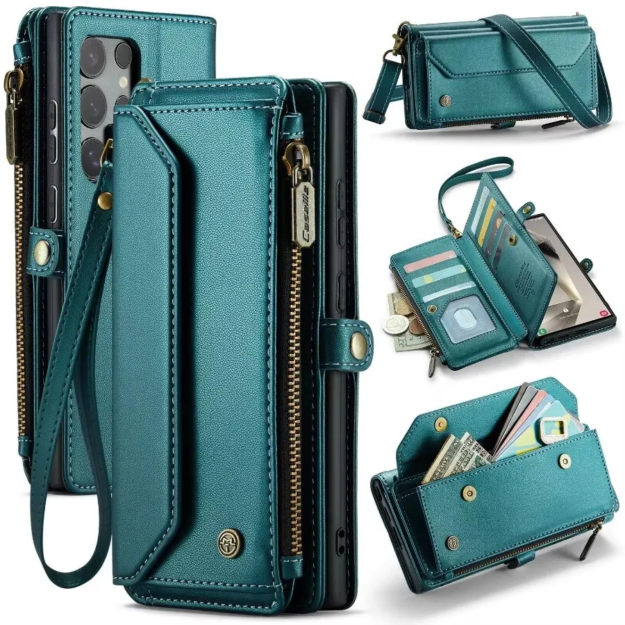 Schouderbandje Lederen hoesje voor Samsung S26 S25 S24 S23 S22 S21 Note20 Ultra S24FE Rits Portemonnee hoesje Kaartsleuven Beschermhoes