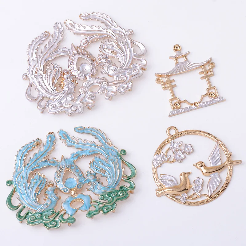 

Retro hollow magpie pavilion pendant alloy DIY accessories, symmetrical phoenix bird main body hair crown antique DIY accessorie
