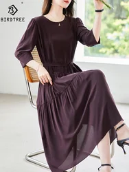 BirdTree, 100%Real Silk Elegant Dress, Women 3/4 Sleeve Solid Sash, Fashion Commute Party Dresses, 2026 Summer Autumn D46690QM