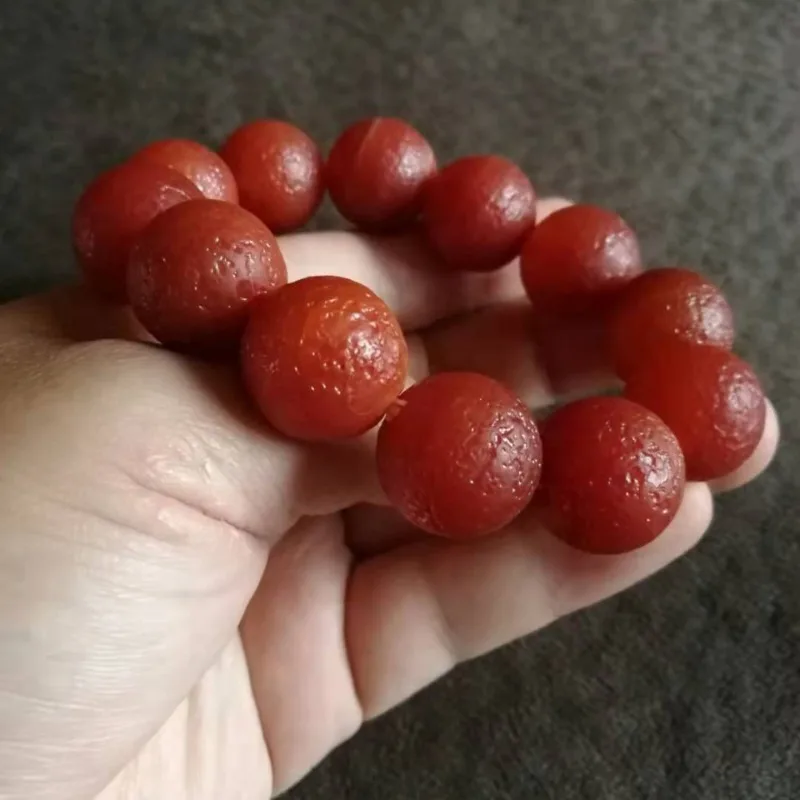 Mens Boho Mala Bracelet Vintage Matte Red Agate Round Large Weathered Surface Beaded Bracelet - view 4