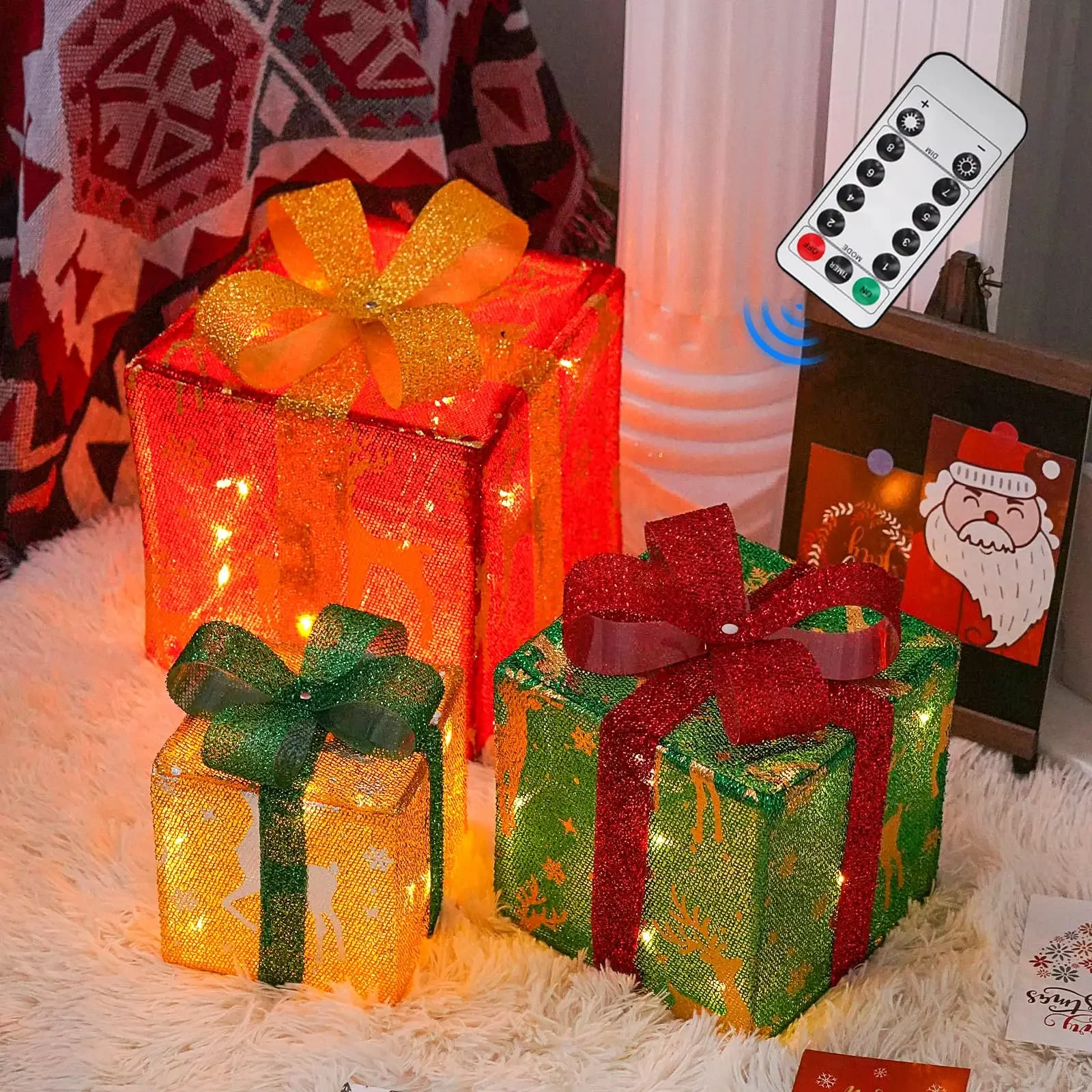 Conjunto de 3 luzes de natal para presente, decorações de natal iluminadas dobráveis, caixas de natal iluminadas para varanda interna, gramado, decoração de casa