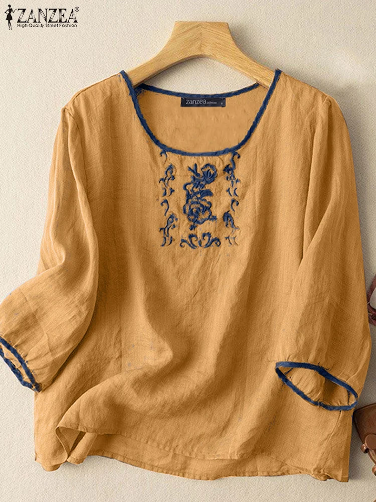 

ZANZEA Summer Embroidery Blouse Vintage Shirts Women U Neck 3/4 Sleeve Blusas Contrast Color Work Tops Casual Cotton Chemise