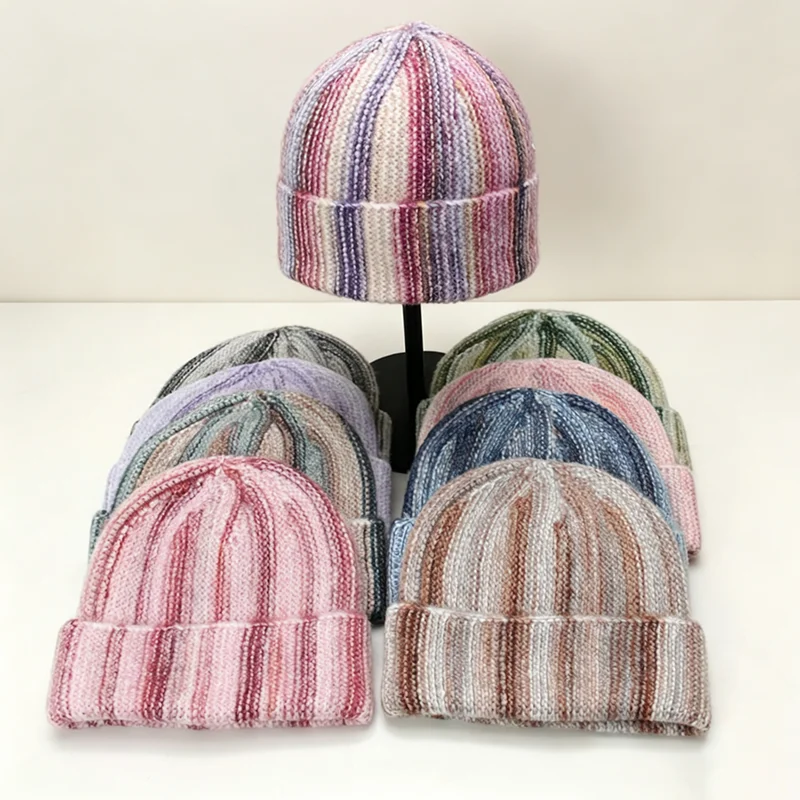 Women Gradient Knit Beanies Autumn Winter Soft Fuzzy Yarn Cuffed Beanie Multicolor Striped Warm Casual Daily Skull Cap Unisex