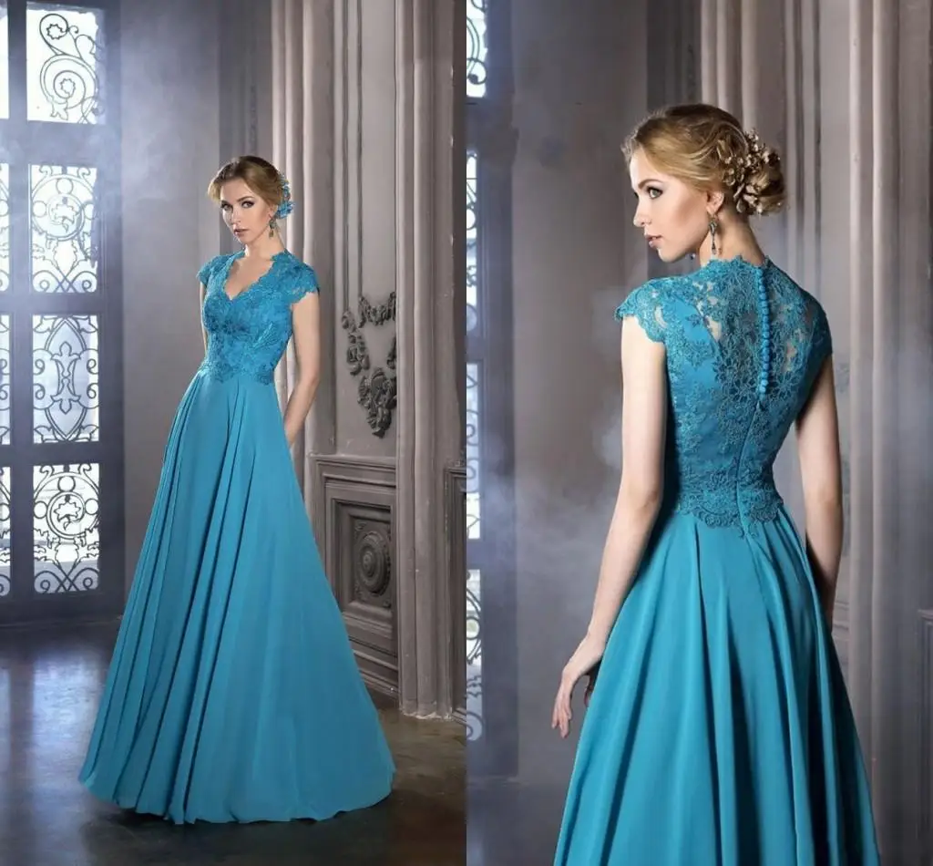 

Lake Blue Mother of the Bride Dresses Button A-Line Illusion V-Neck Cap Sleeve Appliques Lace Wedding Guest Evening Gowns 2024