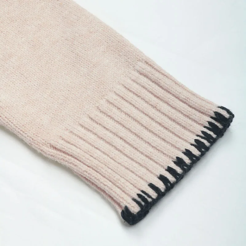 Women's Khaki Crew Neck Trimmed Knitted Sweater Long Sleeve Autumn Winter Casual Loose Fit Daily Fashion Pullover