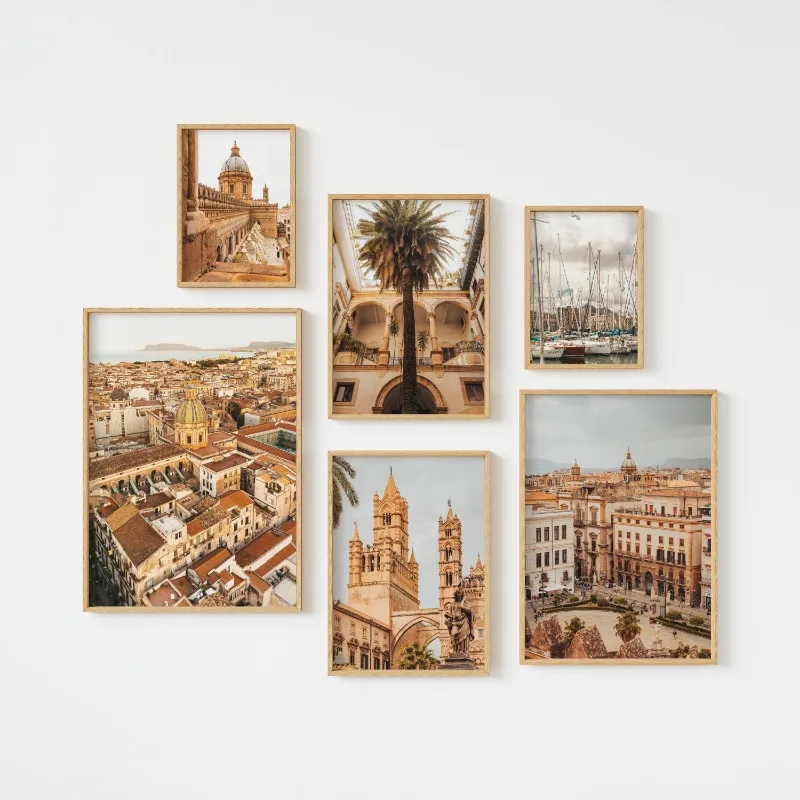 Palermo Italia Juego de arte de pared de 6 impresiones Sicilia costera Estampados de viaje mediterráneo Paisaje moderno Póster en lienzo para decoración del hogar