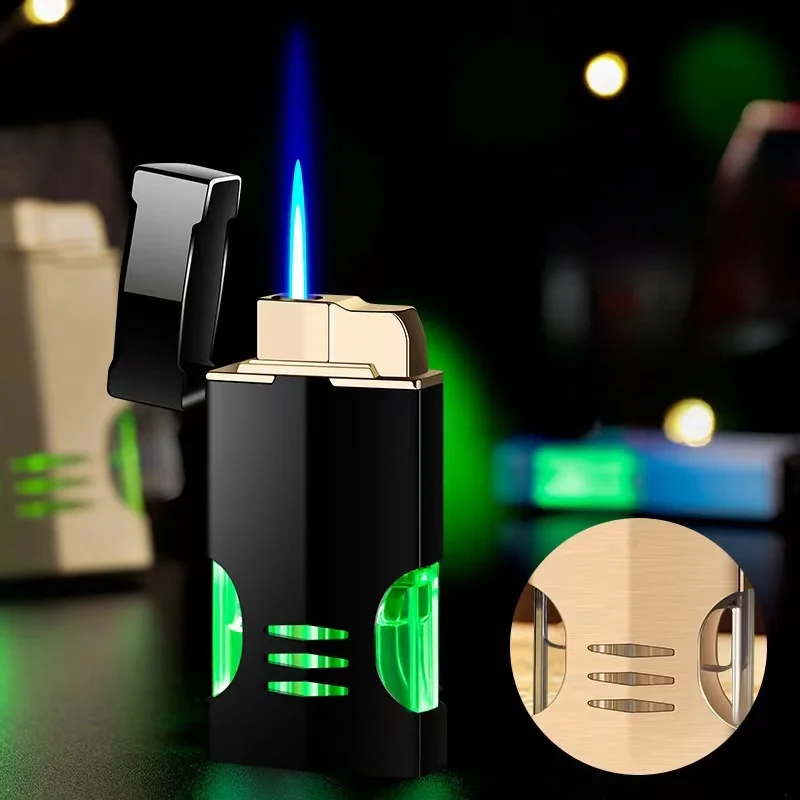 Creative LED Green Light Windproof Jet Blue Flame Butane Gas Torch Lighter Visible Gas Window Outdoor Portable Cigar Lighters