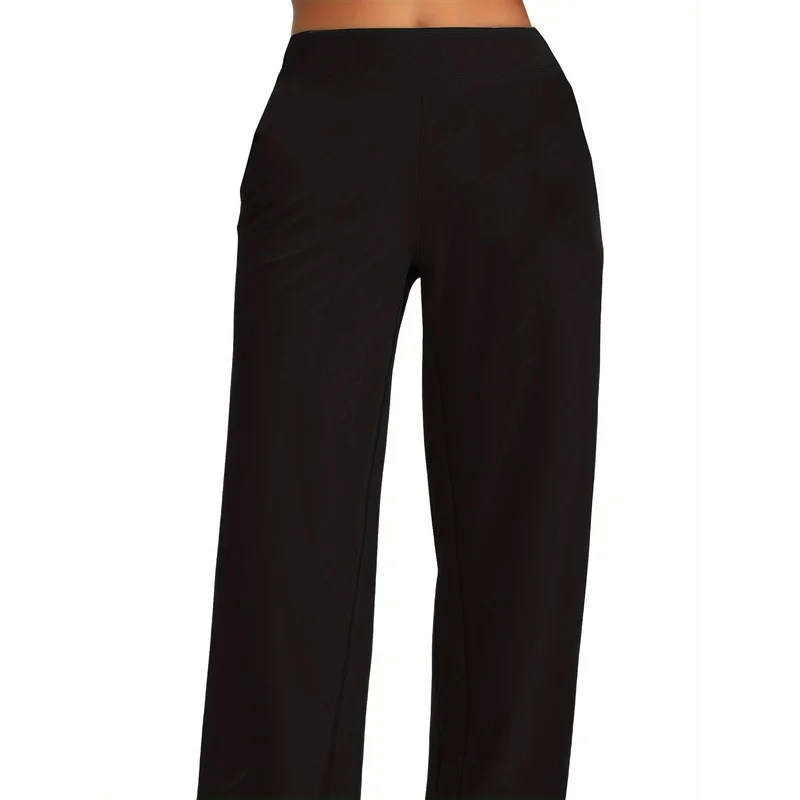 กางเกงขายาวทรงหลวมแบบสบายๆ ปี 2025 สำหรับผู้หญิง สีดำล้วน เอวยางยืด ช่วยให้ดูผอมลง ระบายอากาศได้ดี เหมาะสำหรับใส่ทำงาน