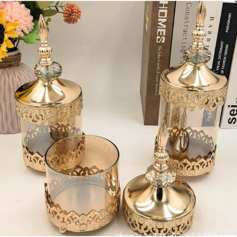 Gold Electroplated Candy Jar Glass Vase Metal Openwork Art Decor Jewelry Box Living Room Fruit Dessert Dried Fruit Storage Jar