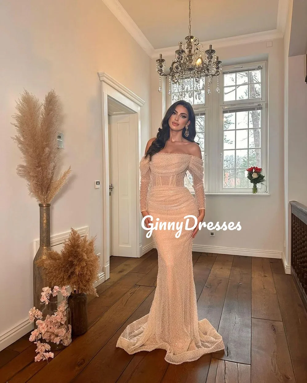 Customized Evening Dress Woman Off-The-Shoulder Neckline Mermaid Prom Dresses Sweep Train Zipper Up Short Sleeves Wedding Party