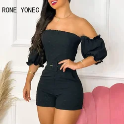 Women Sexy Strapless Short Lantern Sleeveswith Belts Off Shoulder Sexy Skinny Rompers