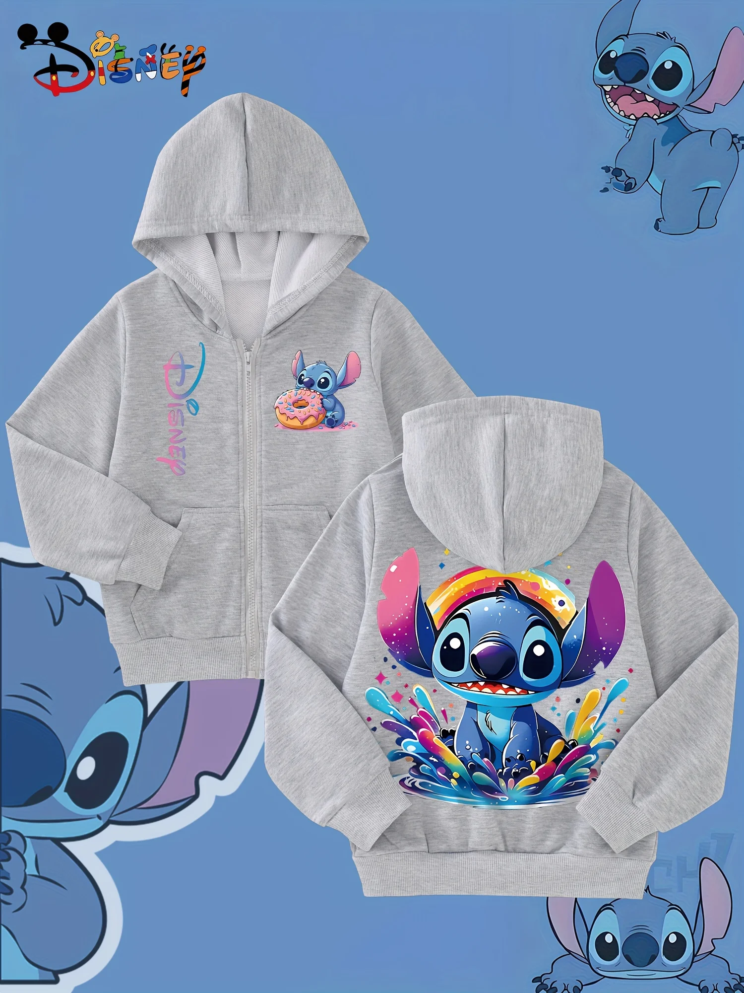 هوديس ديزني ستيتش. سترة بغرز بسحاب مع رسومات Stitch. فضفاضة وأنيقة. هوديس الخريف والشتاء للجنسين.