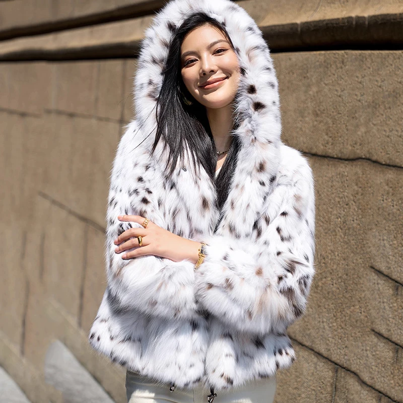 Ftangaiur Private Customization US Imports Of Pure White Lynx Bobcats Natural Fur Coats Women With Fur Hood Short Real Fur Coats