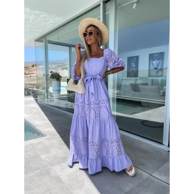 Elegant Women Corset Party Dress Summer Sexy Fashion Short Puff Sleeve High Waist Loose Hollow Out Bohemian Floor Length Dress