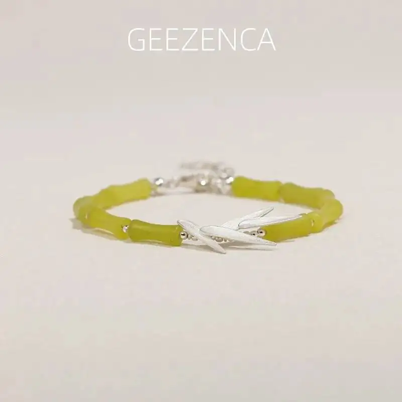 

GEEZENCA 925 Sterling Silver Green Stone Bamboo Leaf Chain Link Bracelet Womens Auspicious Charm Dainty Unique Ethnic Bracelets
