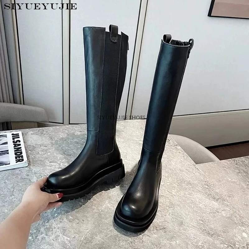 Platform Genuine Leather Women Knight Long Boots Fashion Warm Fur Shoes Autumn Winter Square Heels Ladies Knee High Booties