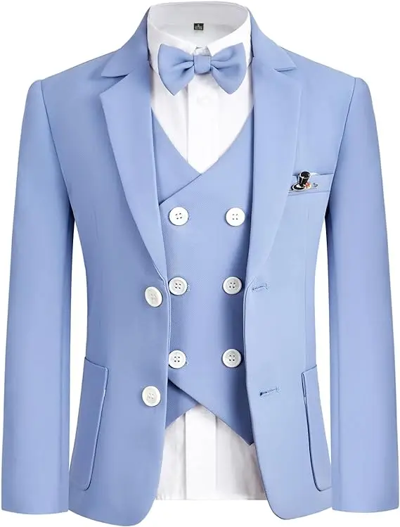 Boys Slim Fit Blue Photograph Suit Children Jacket Vest Pants Bowtie Brooch Piano Dress Kids Easter Wedding Performance Costume