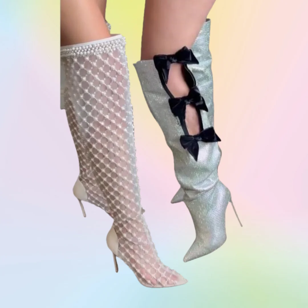 

White Pearl Decor Boots Pointed Toe Over the Knee Thin Cut Heels Shoes High Heel Shoes for Women 2025 Zapatos Para Mujere