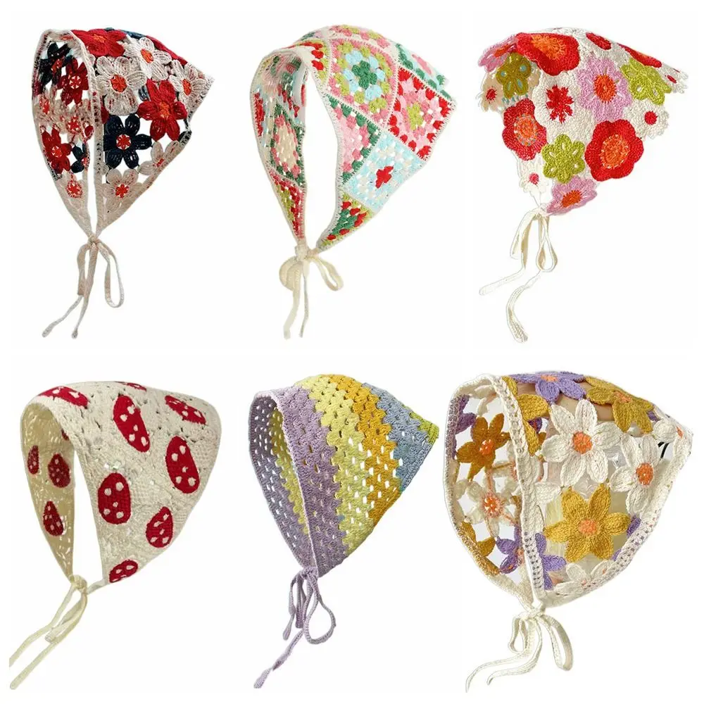 

Multicolor Knitting Flower Headband French Retro Little Daisy Crochet Triangle Headscarf Travel Beach Hair Accessories Hair Band