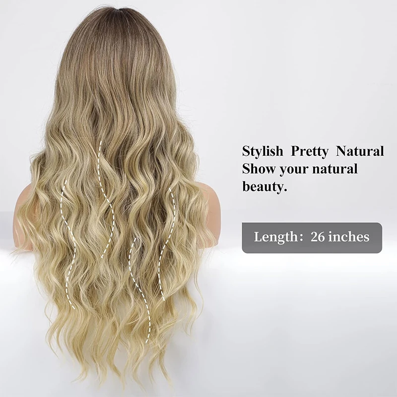 Long Wavy Ombre Brown Wig for Women Natural Synthetic Blonde Wigs with Bangs Body Wave Wigs Cosplay Hair Heat Resistant