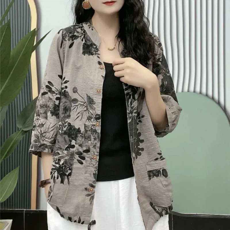 Summer New Round Neck Fashion Half Sleeve Shirt Women Cotton Hemp Vintage Printing Cardigan Pockets Button Drawstring Chic Tops