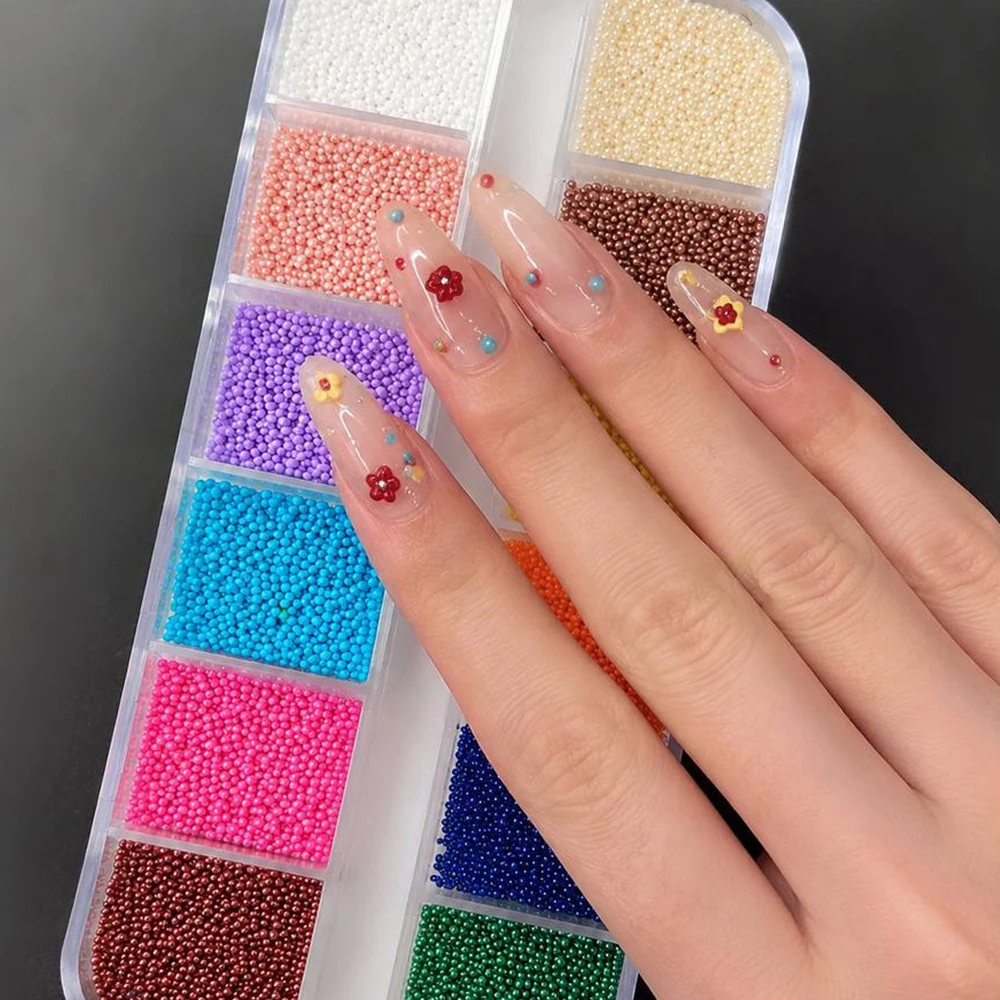 12 Grids Assorted Color Mini Caviar Ball Beads Shiny Micro Metal Nail Charms Salon Nail Art Embellishments
