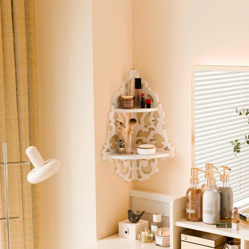 Prateleiras de parede de canto branco vintage de 2 camadas, prateleiras suspensas de design recortado para parede, prateleira de exibição redonda de madeira, dec caprichoso