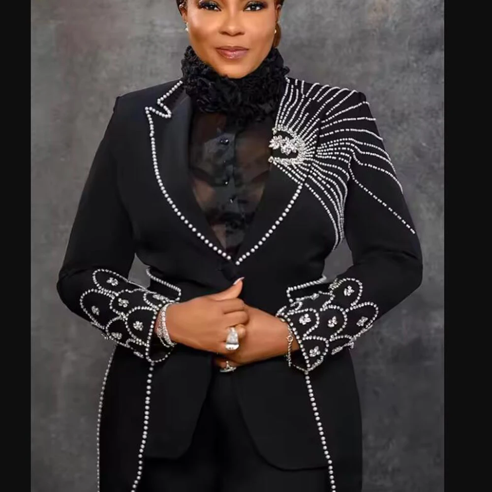 

Customized Crystal Pearls Mother Of Bride Dresses Luxurious Beaded Jacket African Women Pants Suits Slim Fit Blazer 2 Piece Set