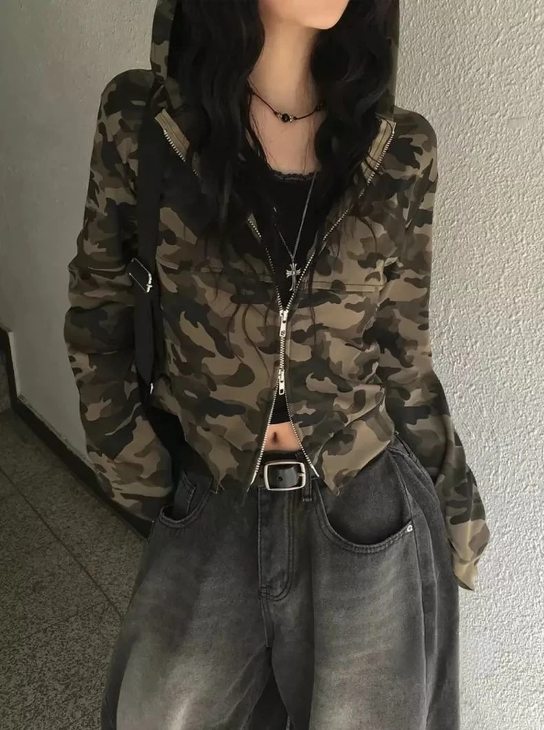 

Camouflage Print Hooded Coats Women Sweatshirts Harajuku Printed Jacket Aesthetic Grunge Blouse Subculture Cute Y2k Tops