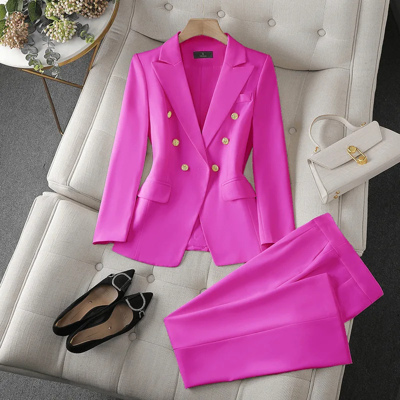 2026 Office Blazers Two-piece Suit Women's Casual Sets Spring Autumn Slim Double-breasted Coat Straight Trousers 2-piece Sets