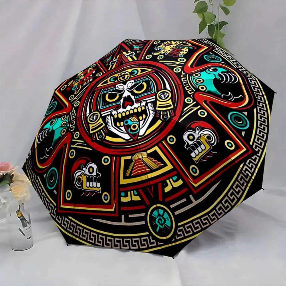 1PC Aztec-Inspired Skull Umbrella with Vibrant Design Print 8 Iron Ribs Folding Umbrella Auto-Open Fashion Sunshade