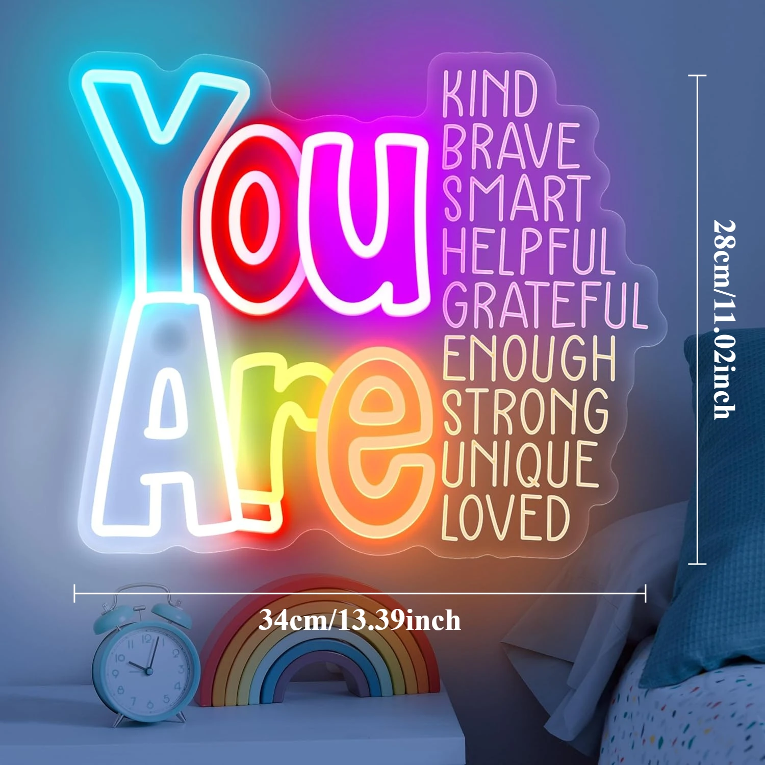 You Are Kind LED Neon Sign 9 Positive Words USB Dimmable for Office Bedroom Classroom Inspirational Decor Motivational Gift