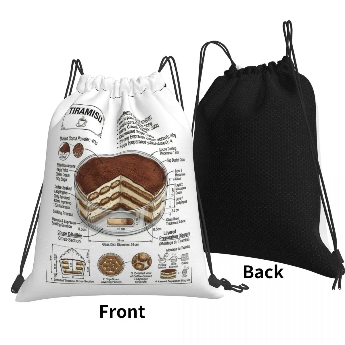 Tiramisu - Technical Drawing With Recipe Backpacks Multi-function Drawstring Bags Shoes Bag Book Bags for Travel School