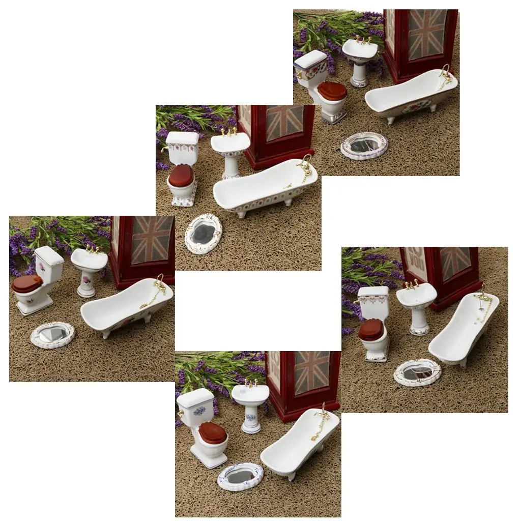 

Dollhouse Bathroom Set Porcelain Miniature Bathtub Toilet Sink Mirror 1 12 Scale Accessories for DIY Kids Room Decor