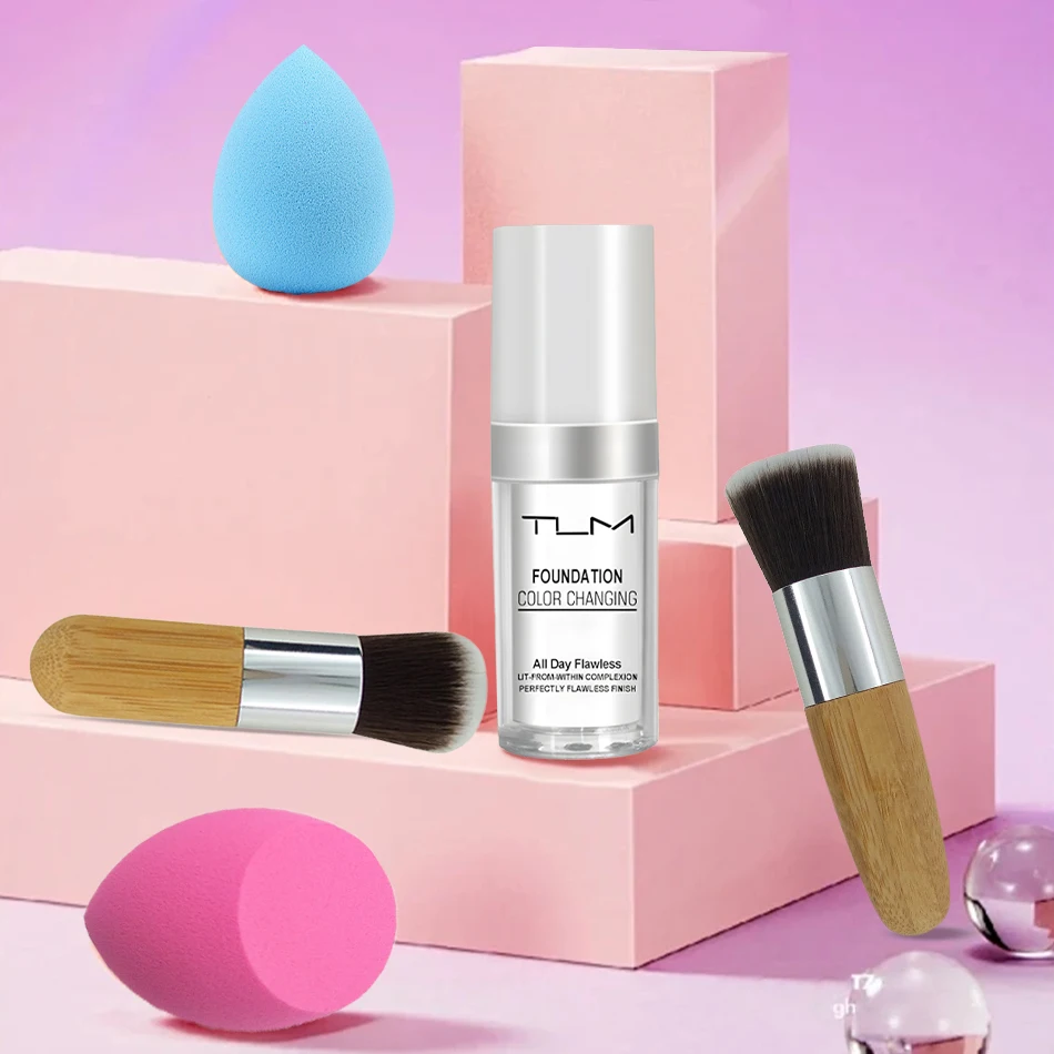 كريم أساس سائل TLM 30 مل، مقاوم للماء، مرطب يدوم طويلاً، مكياج للوجه، إسفنجة تجميل، فرشاة مكياج #2