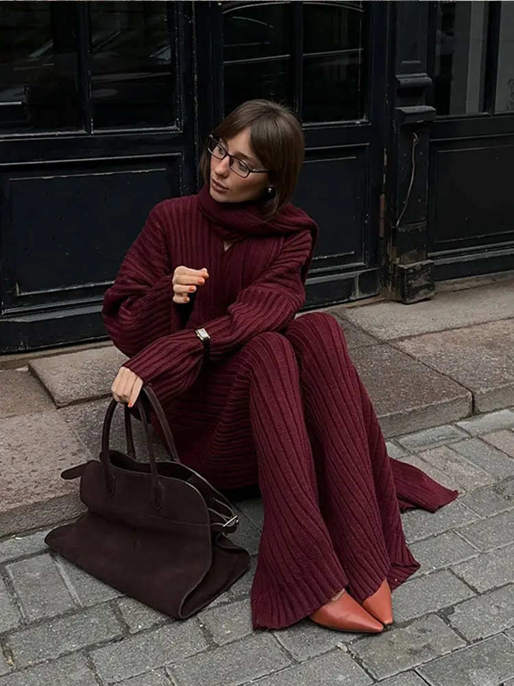 Scarf Collar V-neck Women's Knitted Sweater Suits Elegant Burgundy Color Loose Wide Leg Pants Set 2024 New Lady Street Knitwear