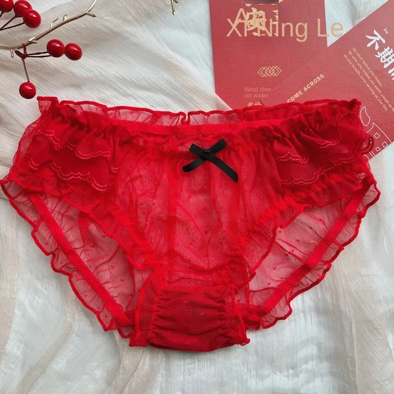Red Bow Wave Point Perspective Ladies Underwear Sexy Lace Mid-waist Girl Lolita New Women\'s Fungus Edge Panties Loli Mini