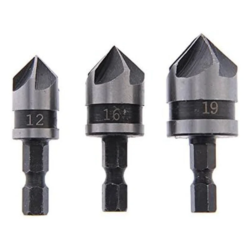 3 Piece 1/4Inch Hex 12/16/19mm Countersink Bore Set for Wood Metal Quick Change