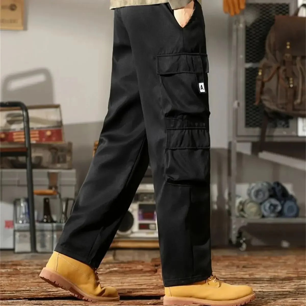 

Elastic Oversized Casual Workwear Pants for Men's Loose Cropped Sports Pants Cool Black Cargo Pants Armygreen Pants Men