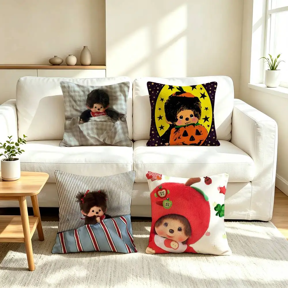M-Monchhichi Cute Monkey  Pillow Case Square Double-Sided Sofa Cushion Cover Bedroom Bedside Pillow