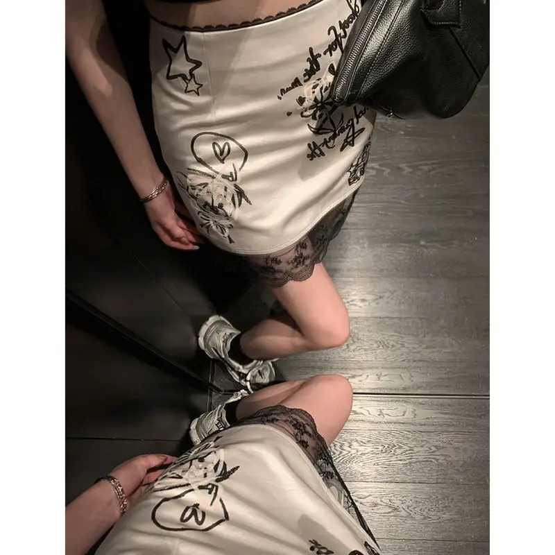 Women Clothing Summer Fashion Lace Patchwork Solid Color High Waist Skirt Female All-match Temperament Appear Thin A-line Skirt