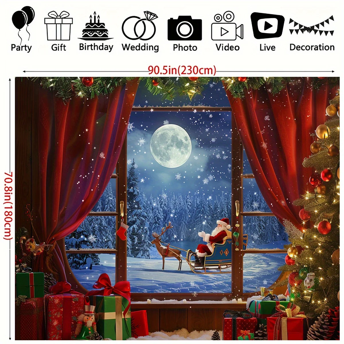 Christmas Wonderland Window Background Cloth - Santa Claus, Snowflakes, and Moon - Perfect for holiday parties and home decor