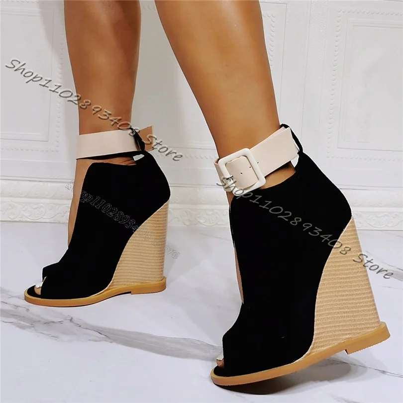 

Black Flock Simple Style Sandals Wedges Heels Peep Toe Ankle Buckle Sandals Casual Designer Women Shoes 2023 Zapatos Para Mujere