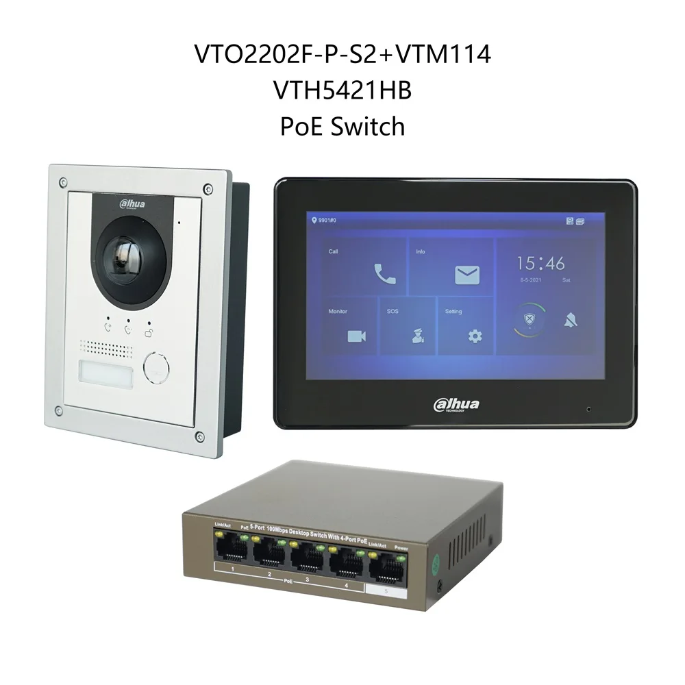 Dahua Multi-Language IP Video Intercom KIT,VTO2202F-P-S2 & VTH5421HB & PoE switch