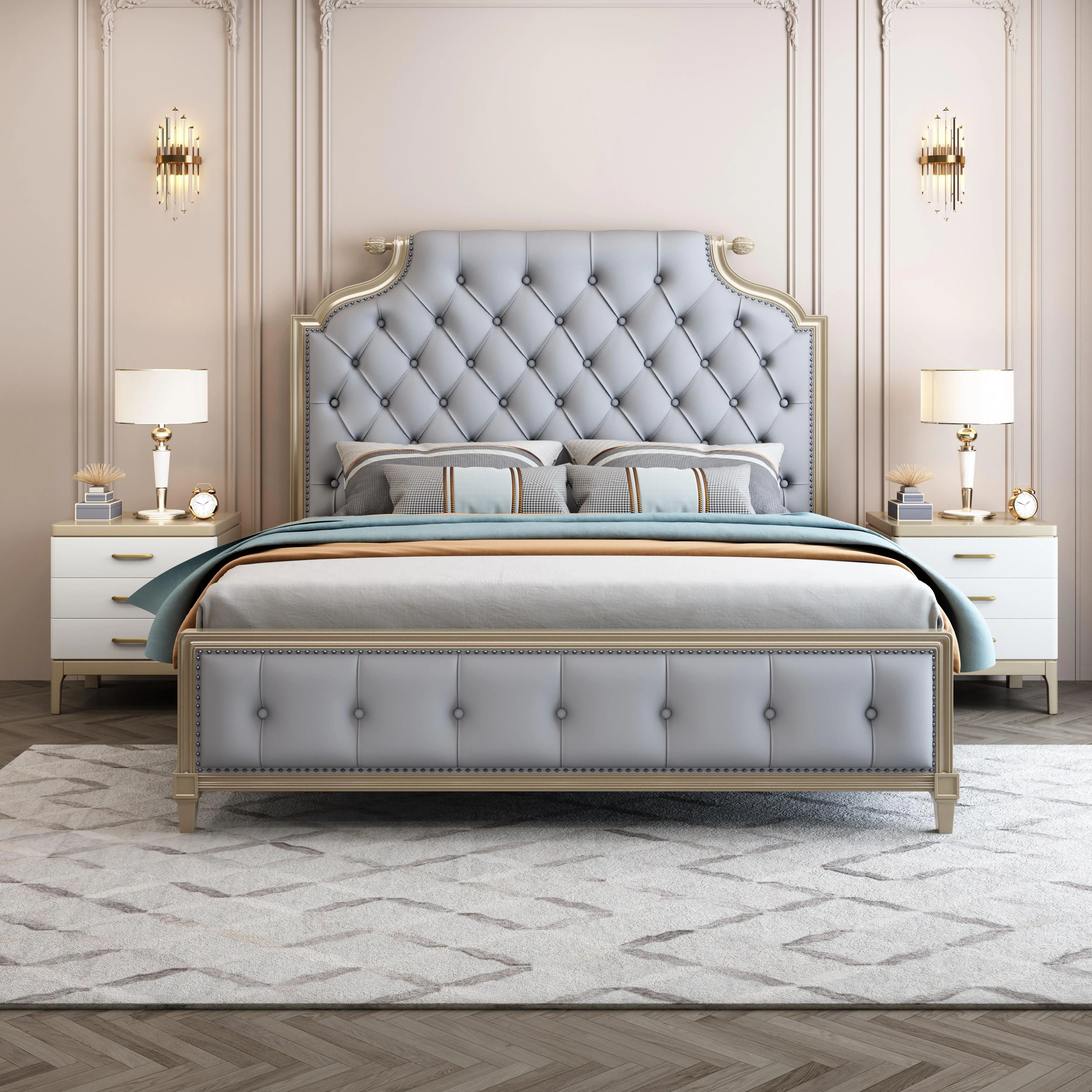 

#Luxury European Solid Wood Frame Royal Bedroom Furniture Set Antique Gold Modern Leather Antique king Size Bed for Bedroom