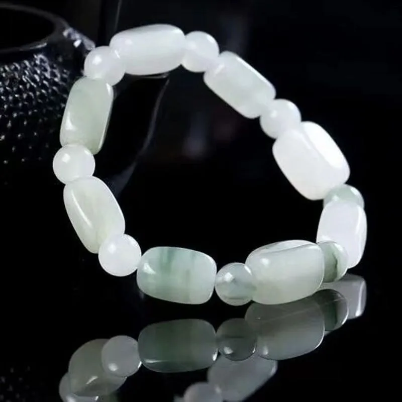 Tianshan Jade Bracelet Women's Floating Flower Jade Color Old-shaped Bucket Bead Single Circle Jade Bracelet.